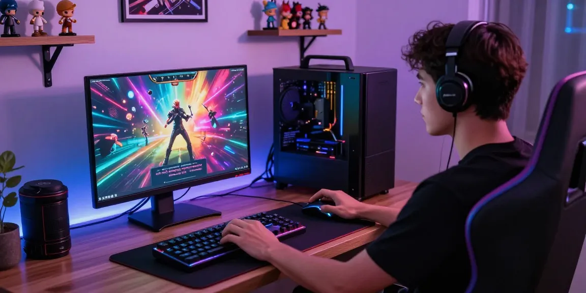 Gamer enjoying html porn games on a sleek laptop in a vibrant gaming room