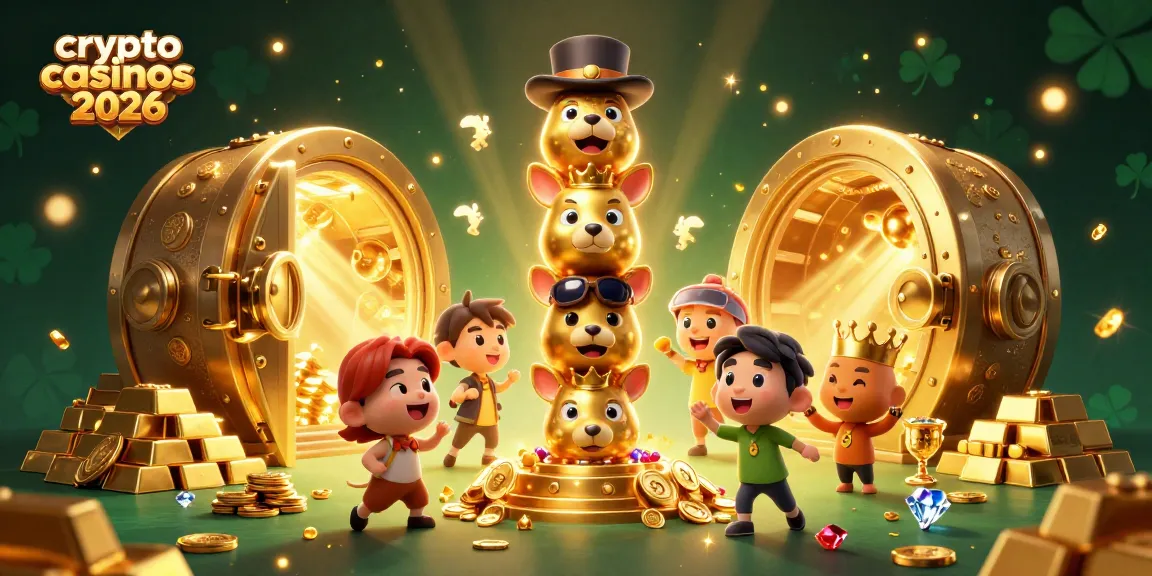 Illustration dynamique de crypto casinos 2026 avec un totem doré et éléments de jeu excitants.