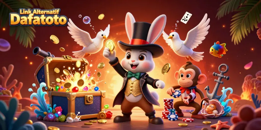 Link Alternatif Dafatoto menampilkan ilustrasi kasino dengan karakter kartun menarik dan elemen berharga.