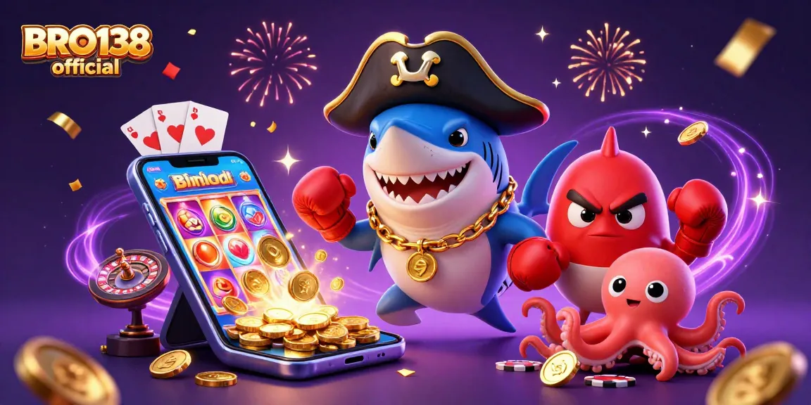Experience the fun of BRO138 official with a vibrant casino-themed illustration featuring dynamic characters and exciting gaming elements.