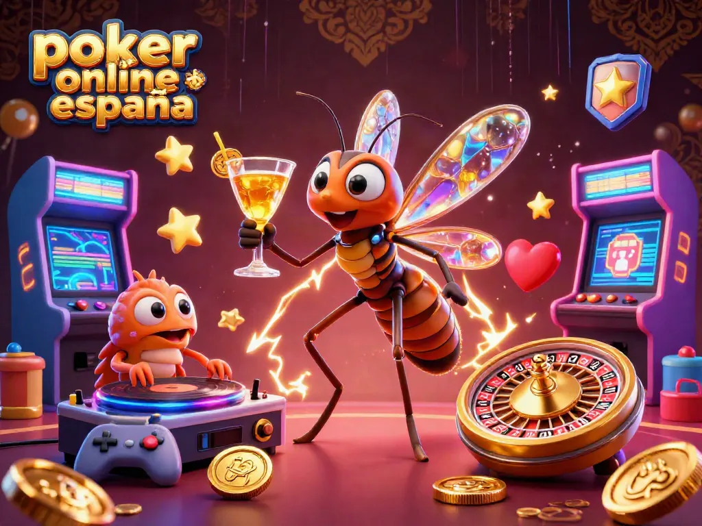 Juega poker online españa con personajes de casino en una escena vibrante y llena de energía.