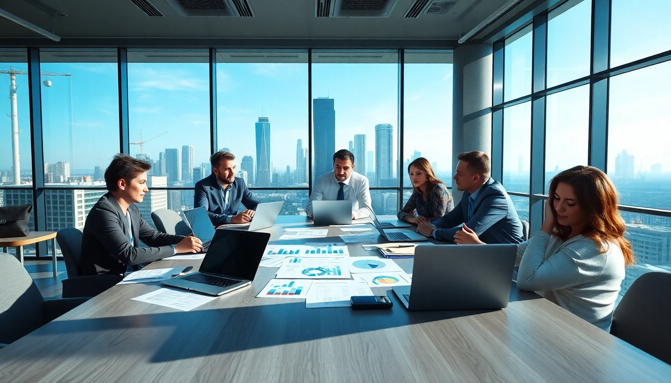B2B competitive intelligence discussion among analysts in a modern office.