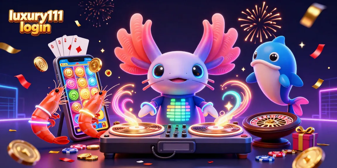 Experience the vibrant luxury111 login scene featuring an axolotl DJ and dancing shrimp in a digital casino.