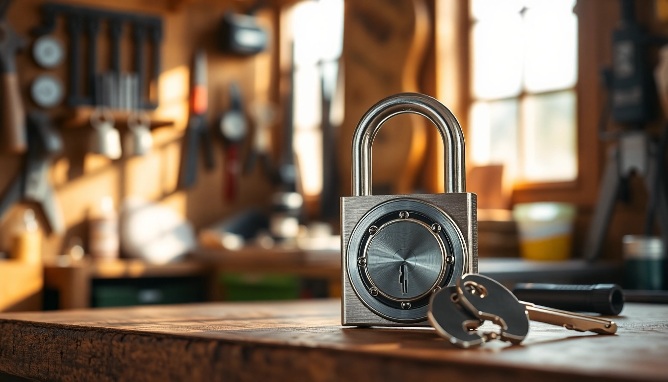 Locksta: detaillierte Darstellung eines eleganten Schlosses und Schlüssels auf einem Holztisch.