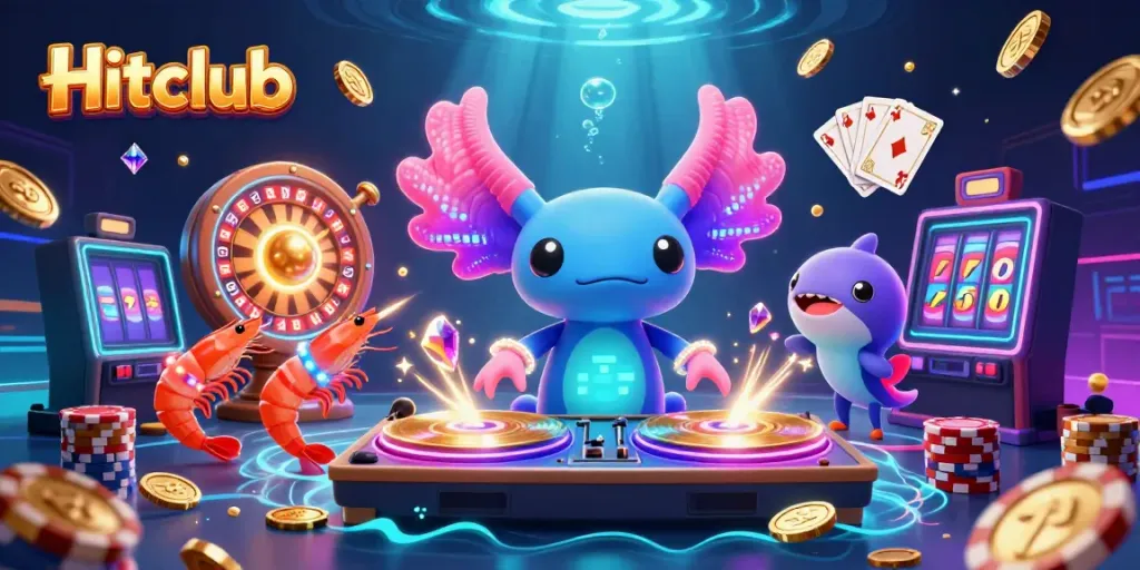 Hitclub showcases an energetic underwater casino scene with a vibrant axolotl DJ and glowing characters