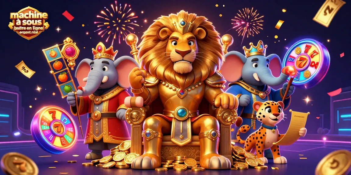 Jouer aux machines à sous en ligne argent réel avec des personnages de casino animés dans une scène festive.