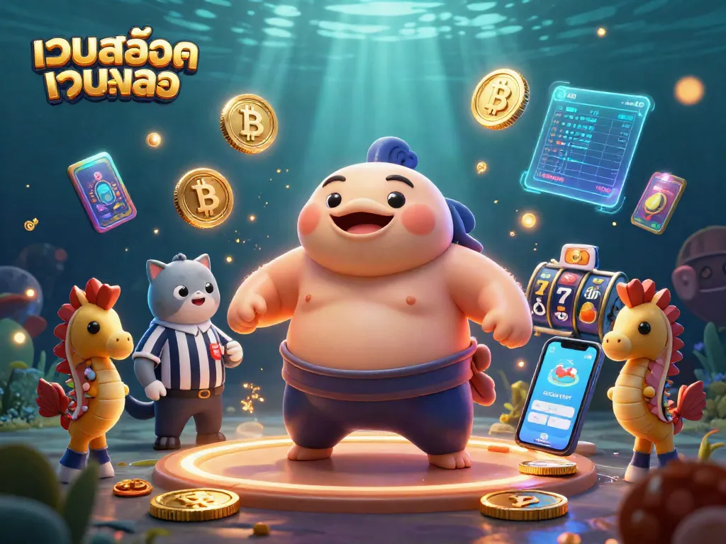 เล่นเกมสล็อตที่เว็บสล็อตเว็บตรง โดยมีปลาฟูกุสวมผ้าขะม้าและผู้ตัดสินปลาแมลงในฉากใต้น้ำ