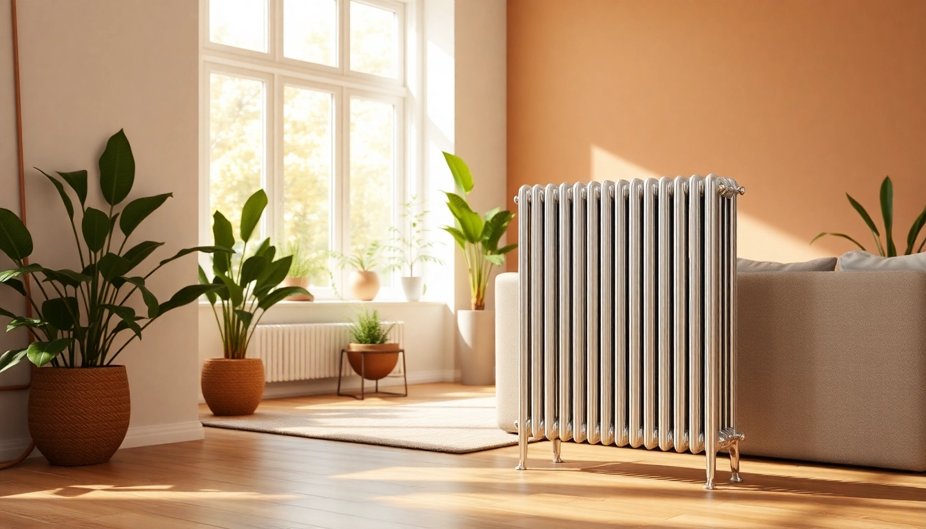 Heizkörper in modernem Wohnzimmer als elegantes Designelement präsentieren.