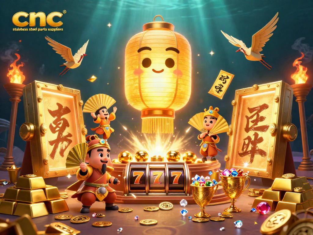 CNC stainless steel parts suppliers illuminate the casino, surrounded by slot reels, gold treasures, and vibrant energy.