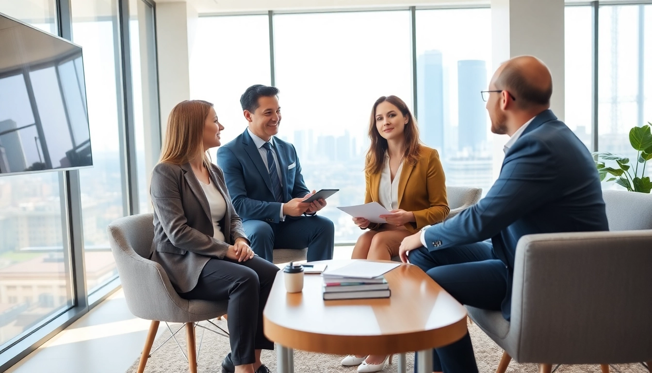 Consult a real estate agent in a professional office environment with city skyline backdrop.