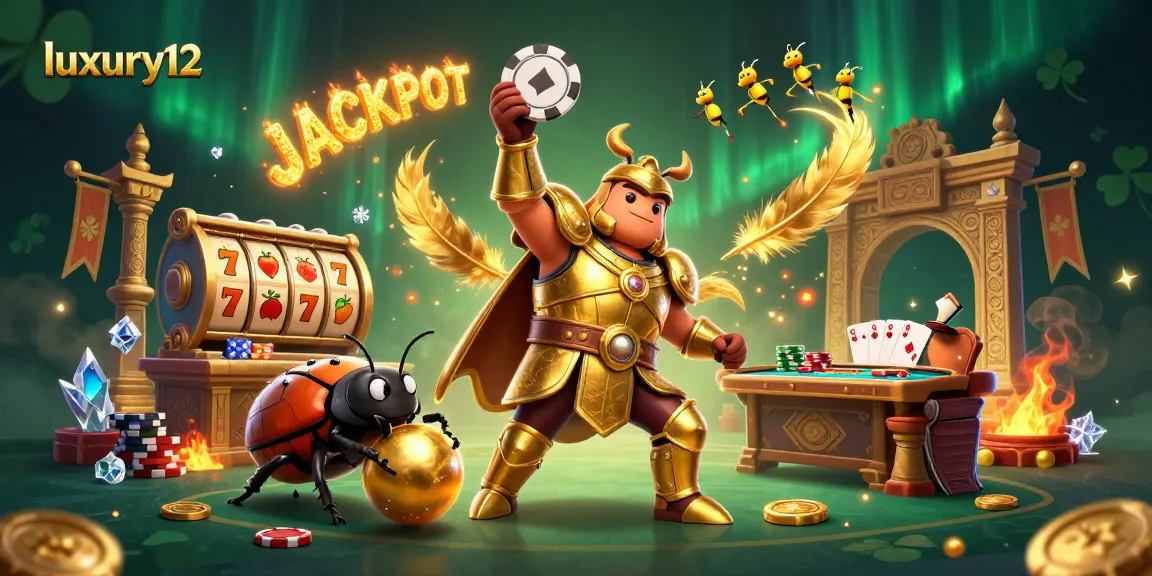 Spin to win with luxury12 as a heroic beetle lifts a poker chip amidst vibrant casino elements.