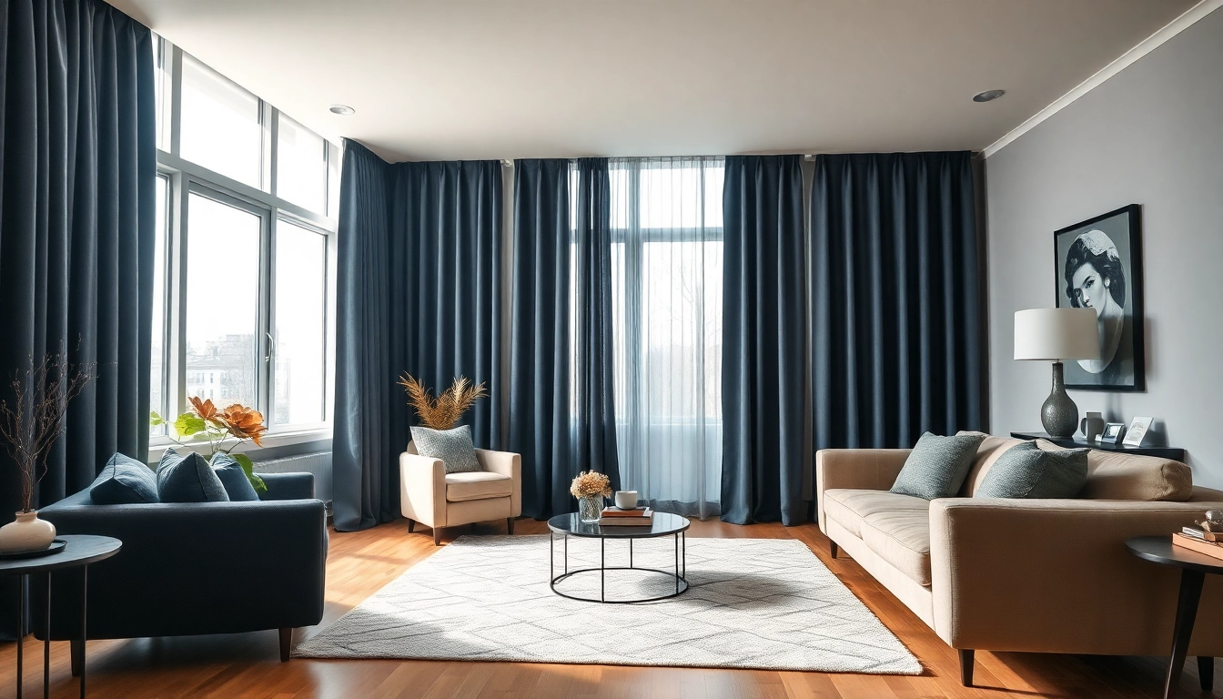 Verduisterende gordijnen in een moderne woonkamer, perfect voor het creëren van privacy en een sfeervolle setting.