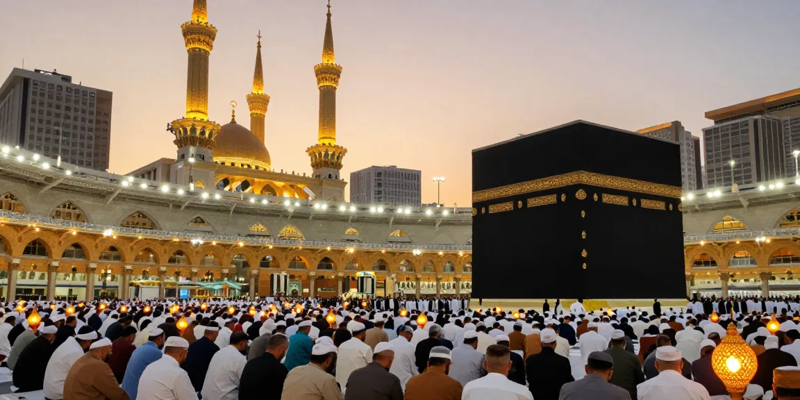 Umroh Ramadhan experience at sunset with pilgrims at Masjid al-Haram.