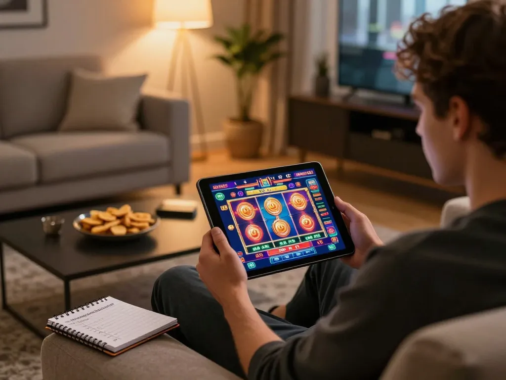 Engaging gaming session with lista casino online stranieri in an online gambling setting, showing tablet gameplay and cozy atmosphere.