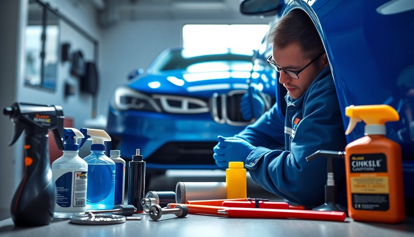 ScuffDoc technician expertly restoring car scuffs with professional tools and bright surroundings.