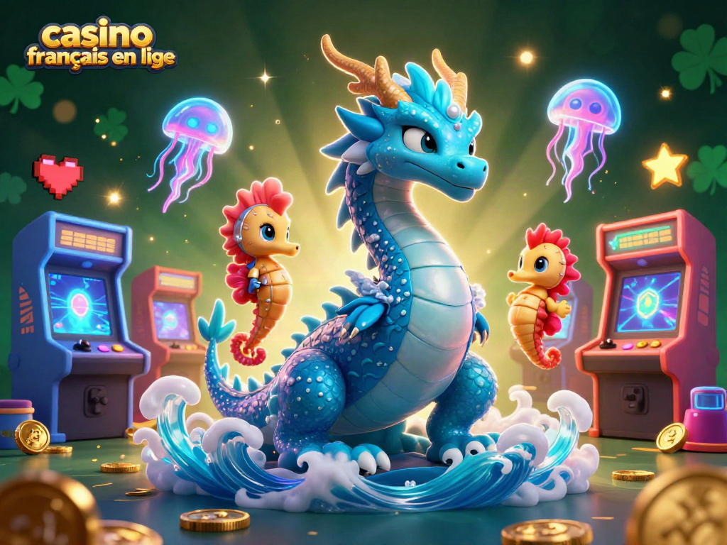 Les joueurs explorent le casino français en ligne avec un dragon azur et des machines à sous colorées.