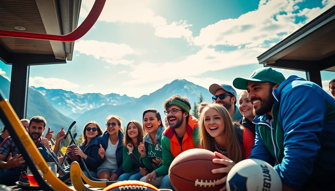 Cheering crowd discussing sportsbooks in British Columbia with breathtaking mountain backdrop.