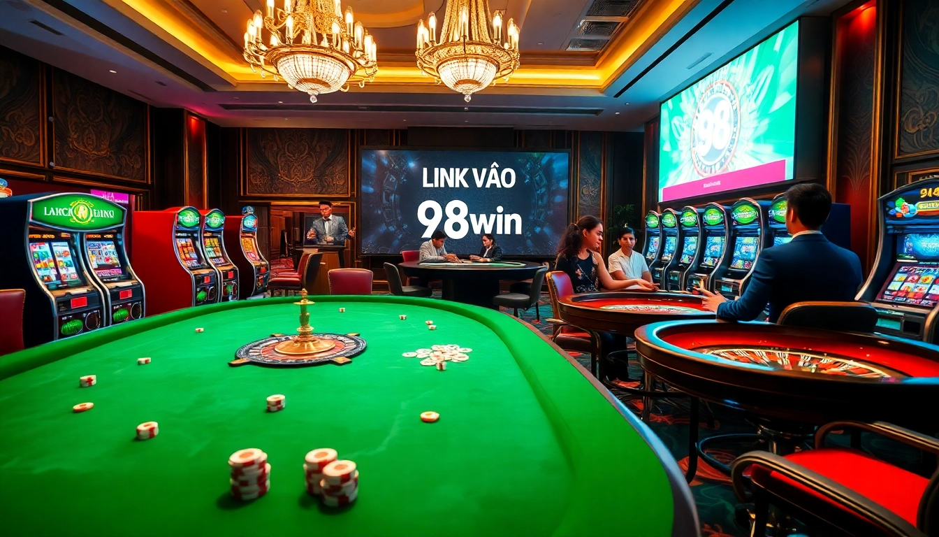 Players engage in thrilling casino action; link vào 98win featured prominently on the digital interface.
