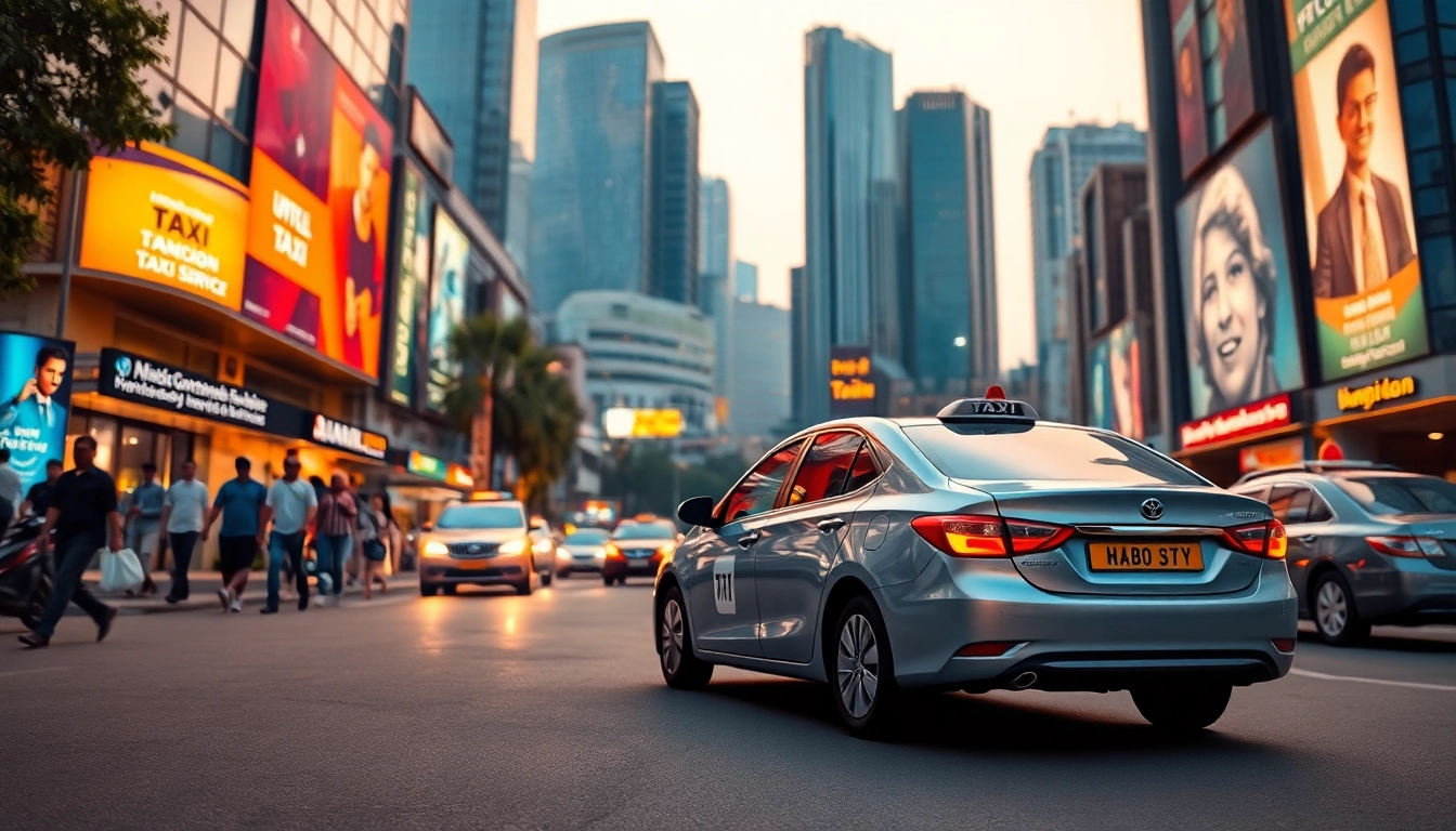 Gurgaon Taxi Service: A modern taxi in a bustling urban Gurgaon, promoting safety and cleanliness for travelers.