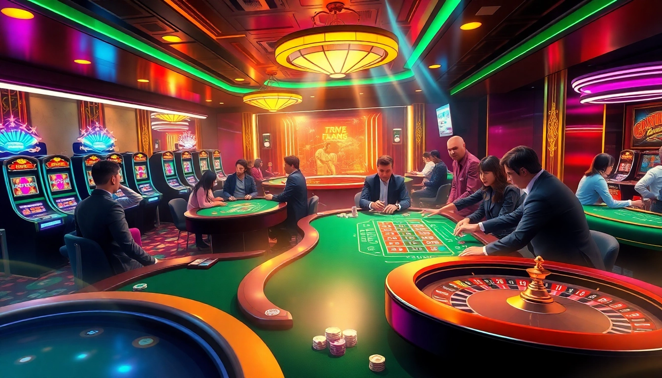 Engaging gamblers in a thrilling atmosphere at J88 casino, showcasing link vào j88 excitement through vibrant tables and games.