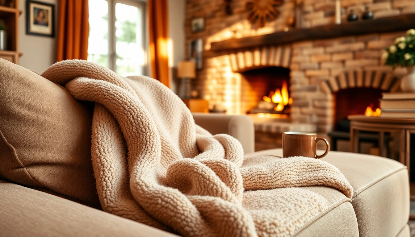 Fleece deken op een comfortabele bank in een gezellige woonkamer