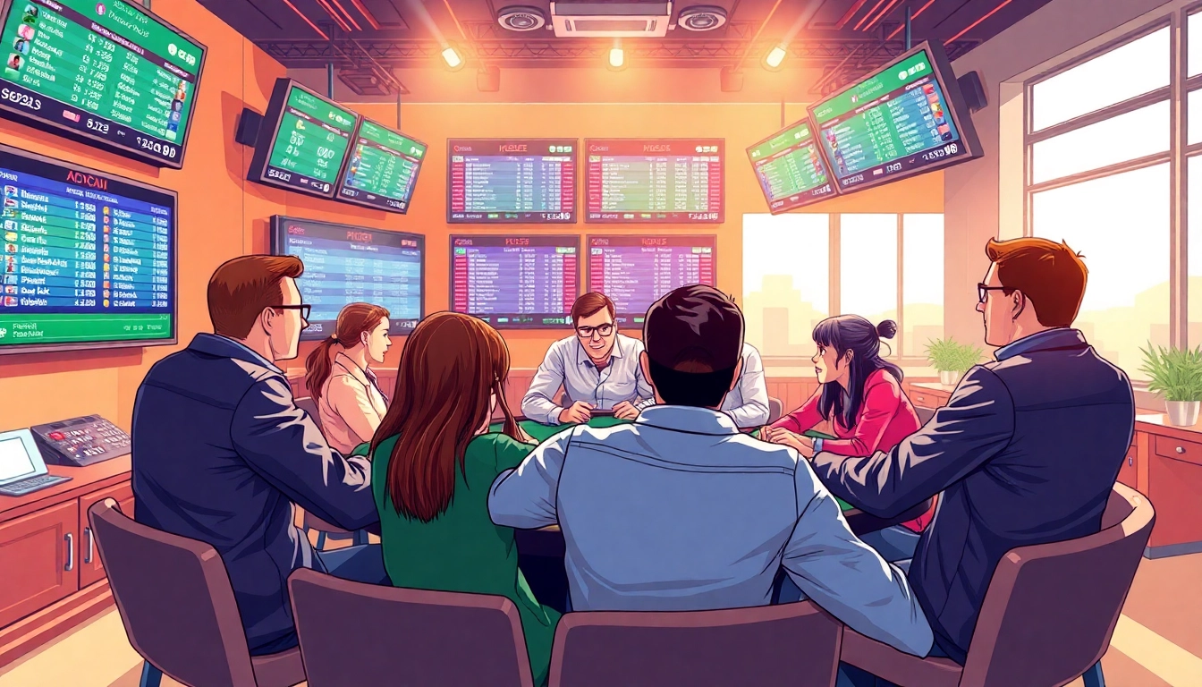 Engaging scene showcasing sportsbooks in Canada with diverse individuals discussing bets and stats.