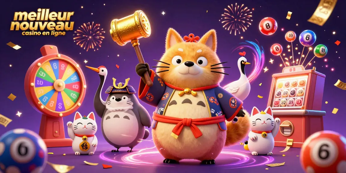 Jouer au meilleur nouveau casino en ligne avec des personnages festifs et des ballons de loterie vibrants.