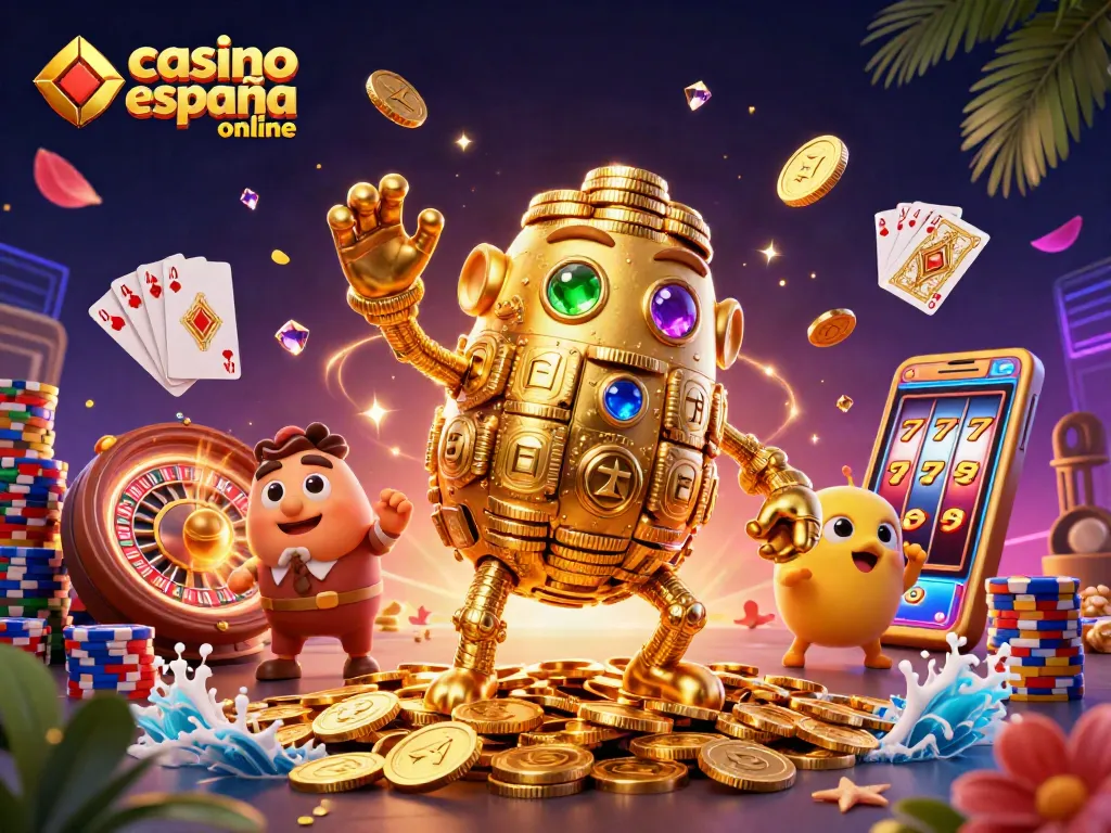 Visualiza la acción en casinos online en España con un golem dorado y símbolos de juego.