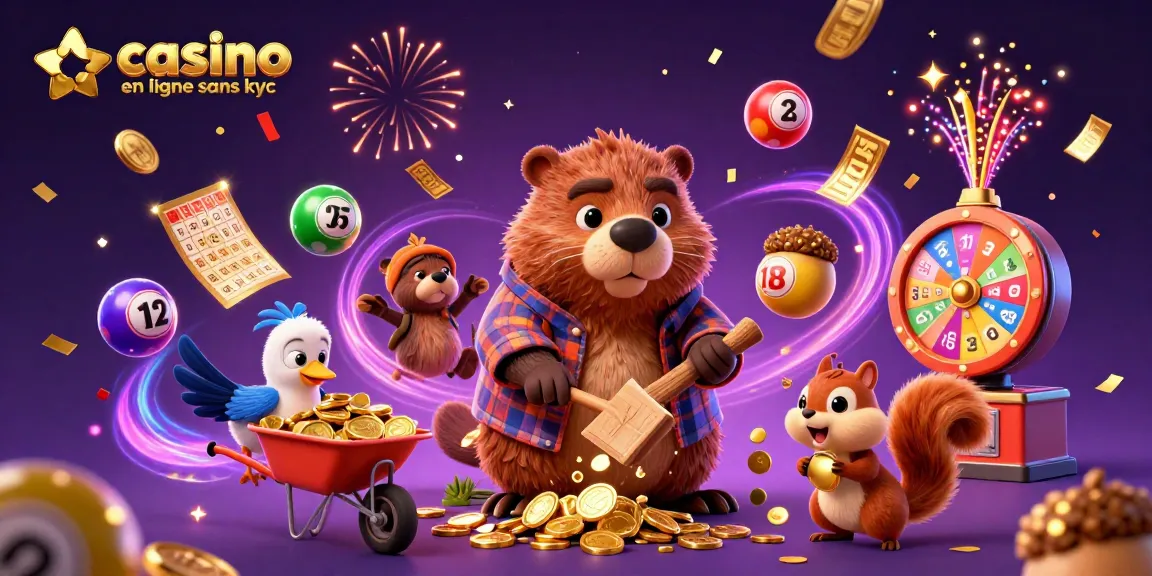 Jouer à des jeux de casino en ligne sans KYC, avec un castor et ses amis, collectant des pièces d'or.