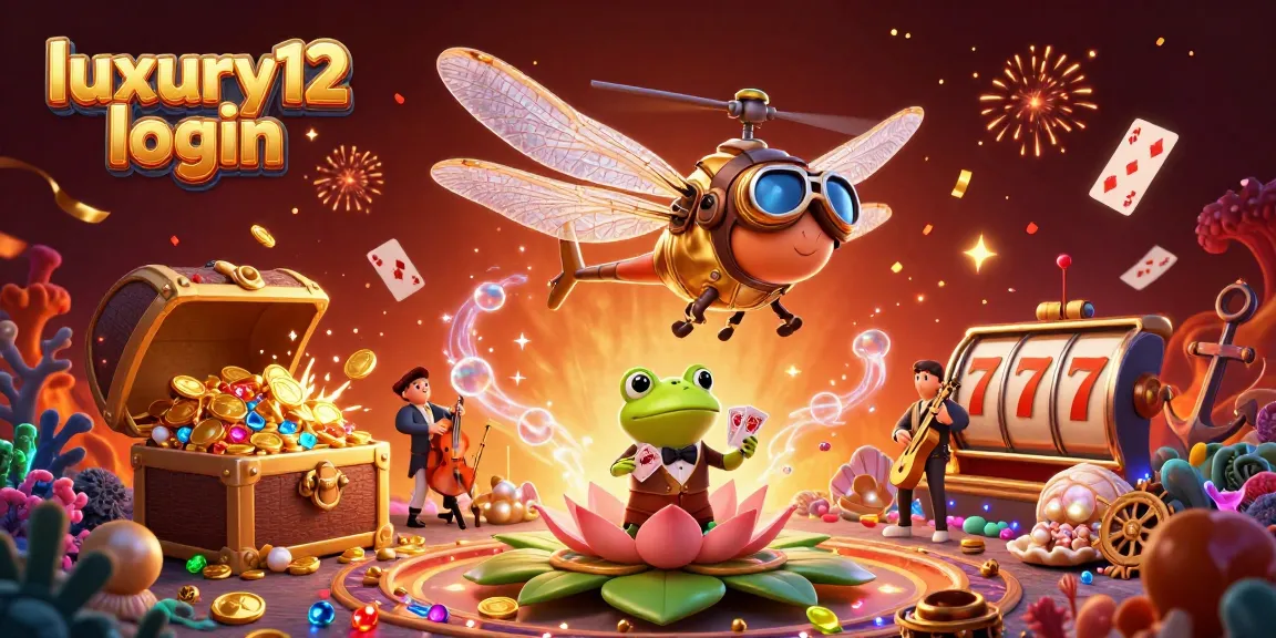 Experience luxury12 login at a vibrant lily pad casino with fun gaming elements and lively characters.