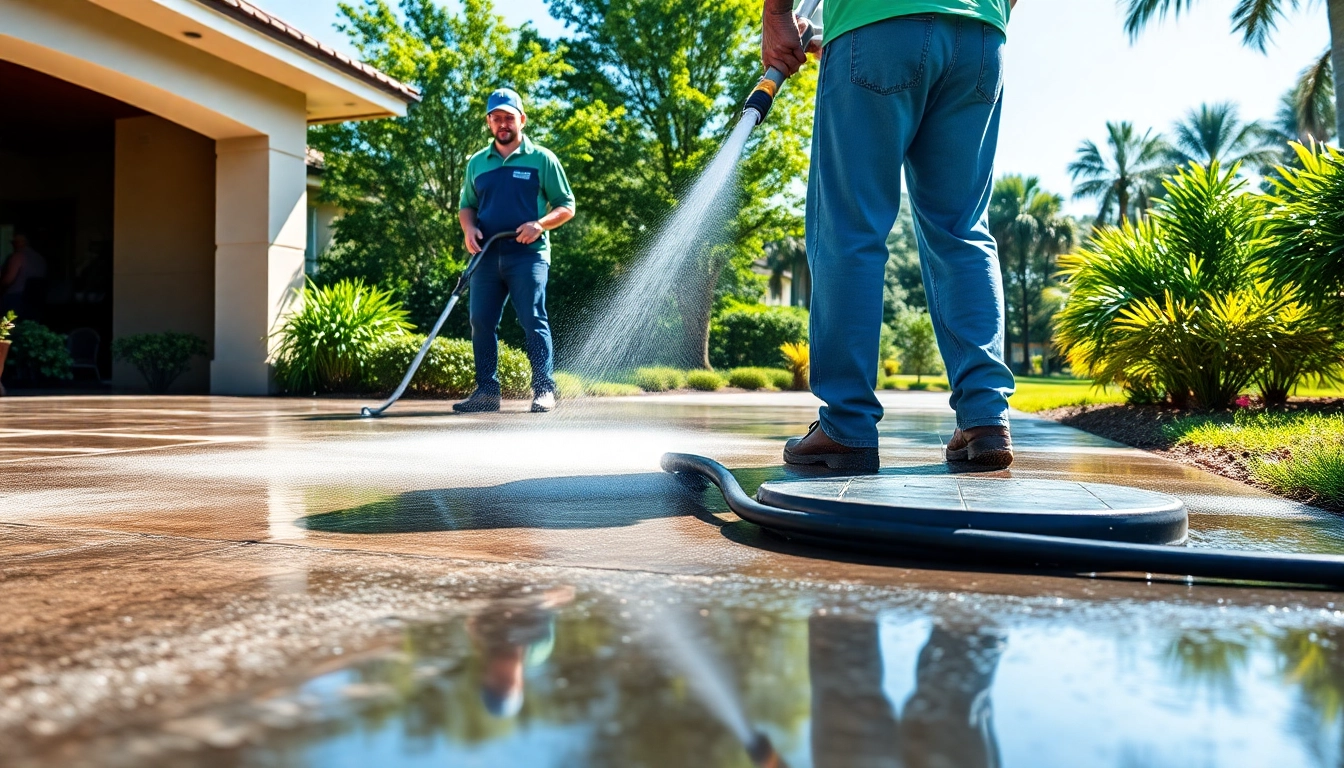 Concrete cleaning in Kissimmee, showcasing a professional crew revitalizing a driveway.