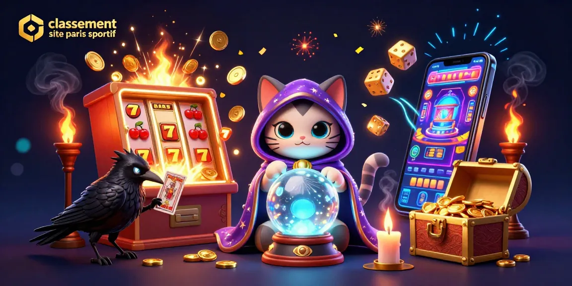 Classement site paris sportif : Illustration captivante des jeux de casino avec un chat mystique et un corbeau.