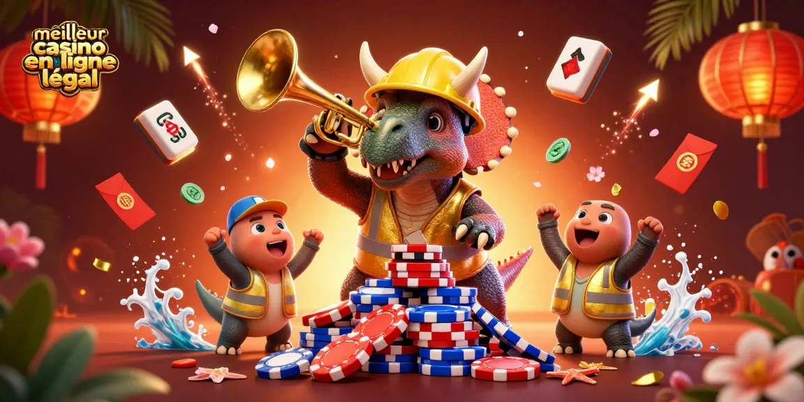 Jouer au meilleur casino en ligne légal avec un triceratops et des compys célébrant autour de jetons de poker.