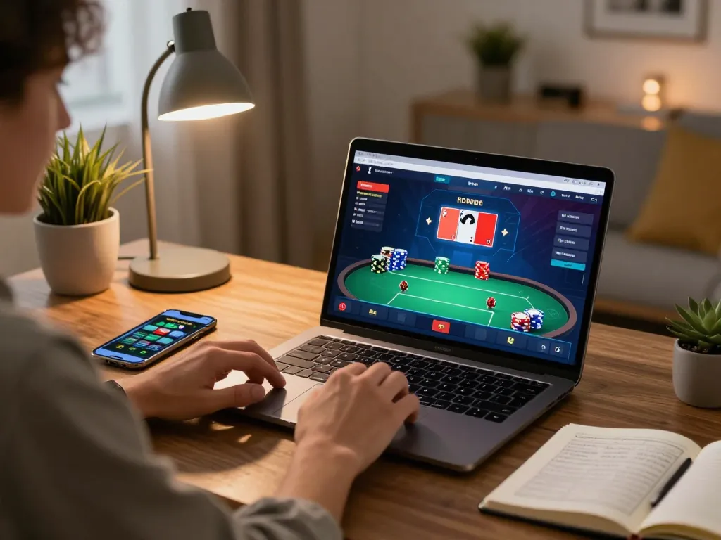 momen menarik permainan poker online dengan antarmuka yang cerah dan catatan strategi dalam pengaturan yang nyaman.