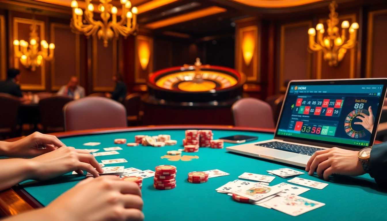 Experience thrilling gameplay at 68 game bài with engaging poker scenes and vibrant casino elements.