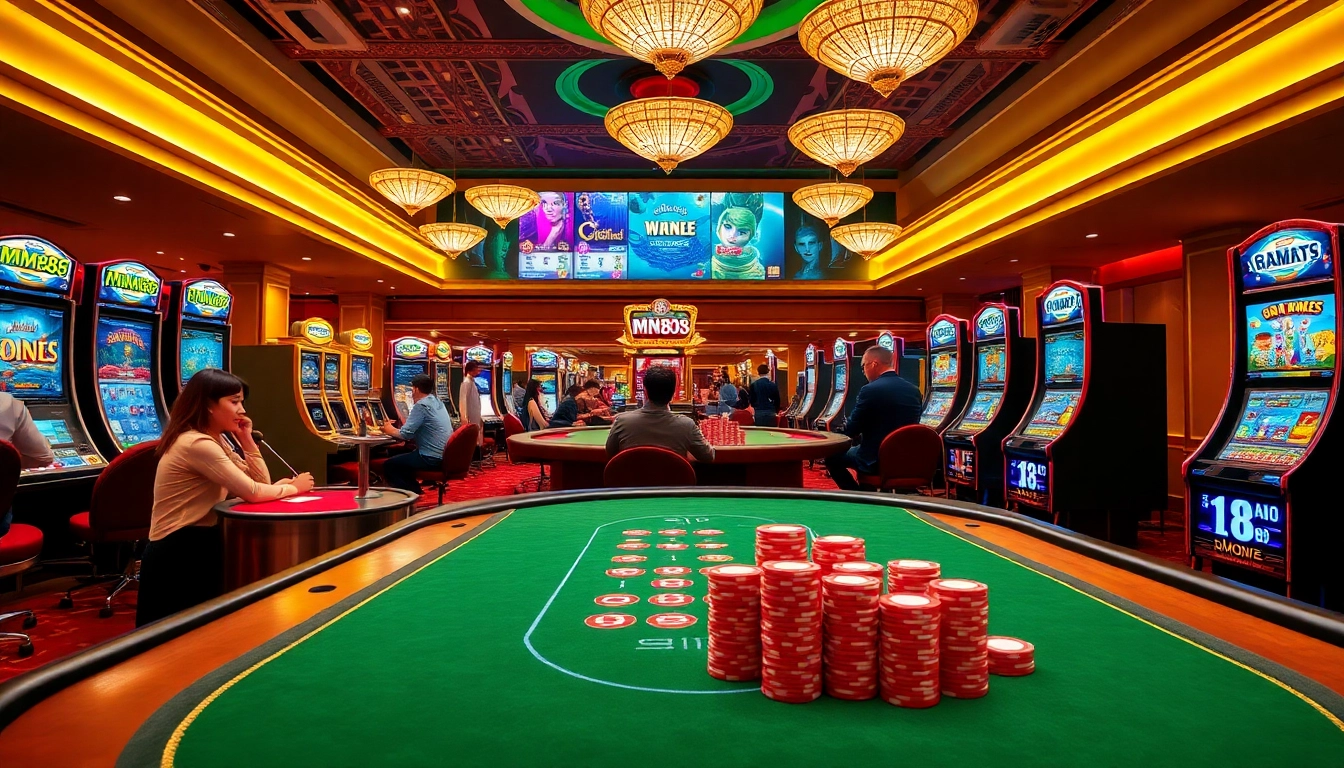 Players enjoying MM88 KJC at vibrant casino tables with colorful chips and slot machines.