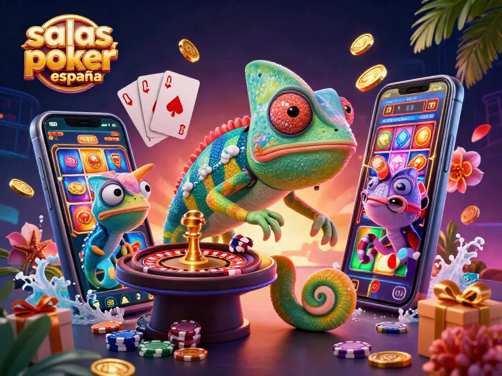 Salas de póker online España: Camaleón gigante con fichas de póker rodeado de elementos de casino y juego.