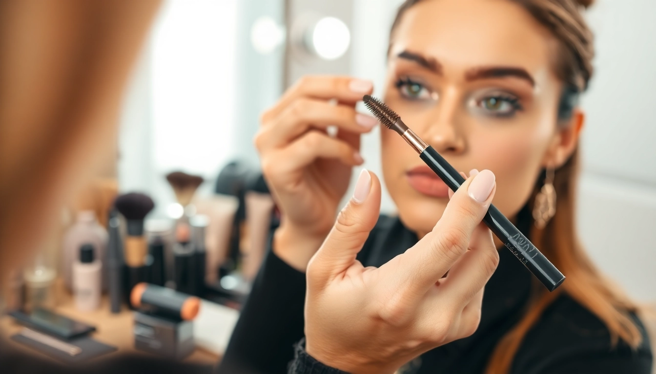 Applying skone cosmetics brow wand for stunning brow enhancement and precision.