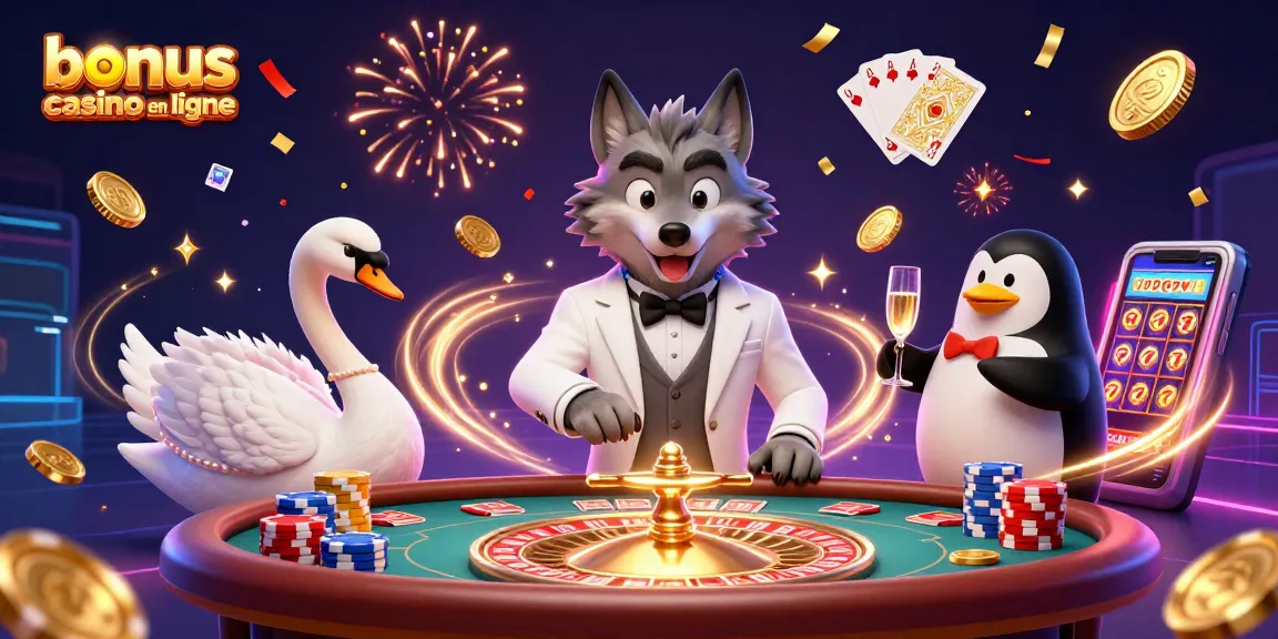 Obtenez un bonus de casino en ligne illustré par un loup élégant, un cygne et un pingouin dans un environnement festif.