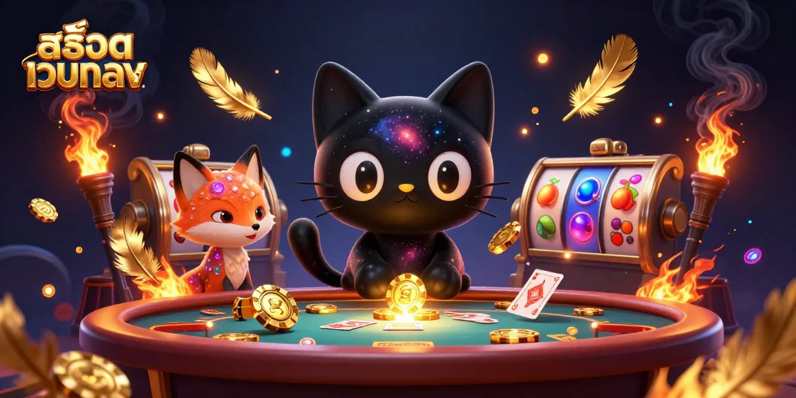Experience an exciting cosmic casino scene with สล็อตเว็บตรง featuring a black hole cat and colorful companion.