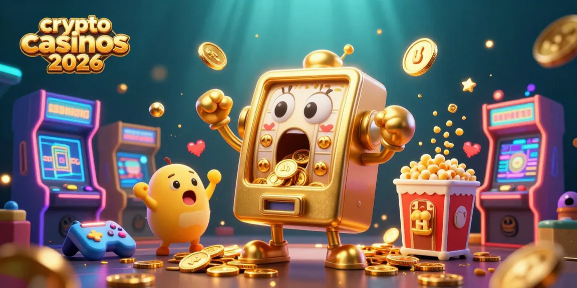 Illustration des crypto casinos 2026 avec une machine à sous personnage dorée et des éléments de jeu animés.