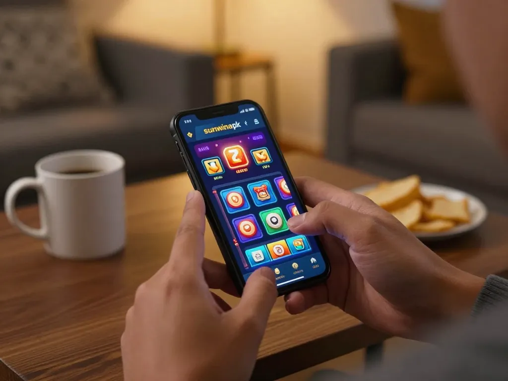 Engaging gameplay on the sunwinapk app with hands using a smartphone in a cozy atmosphere.