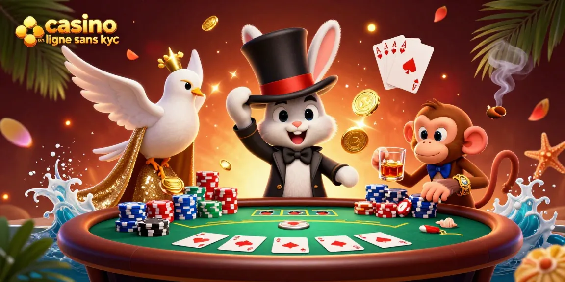 Jouer au casino en ligne sans KYC avec un magicien, des jetons de poker et des pièces d'or.