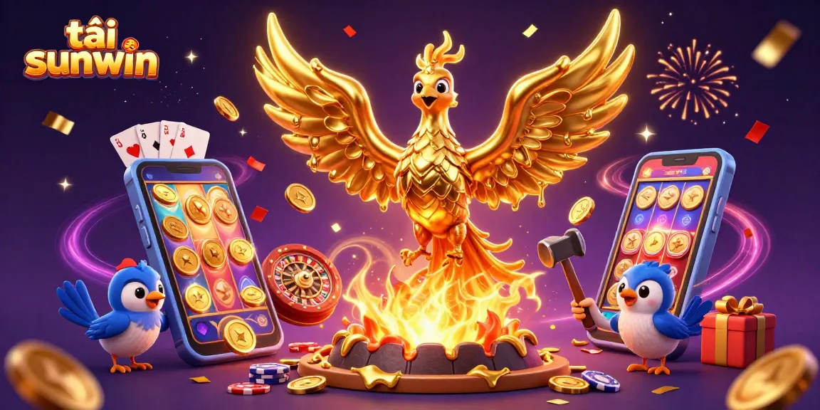 Engage in thrilling gameplay while tải sunwin, showcasing a golden phoenix and vibrant casino elements.