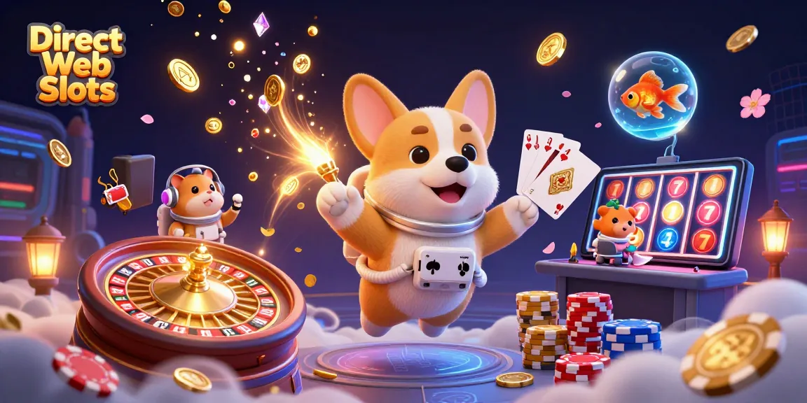 Experience the excitement of Direct Web Slots with this dynamic illustration featuring casino characters, floating coins, and vibrant gaming elements.