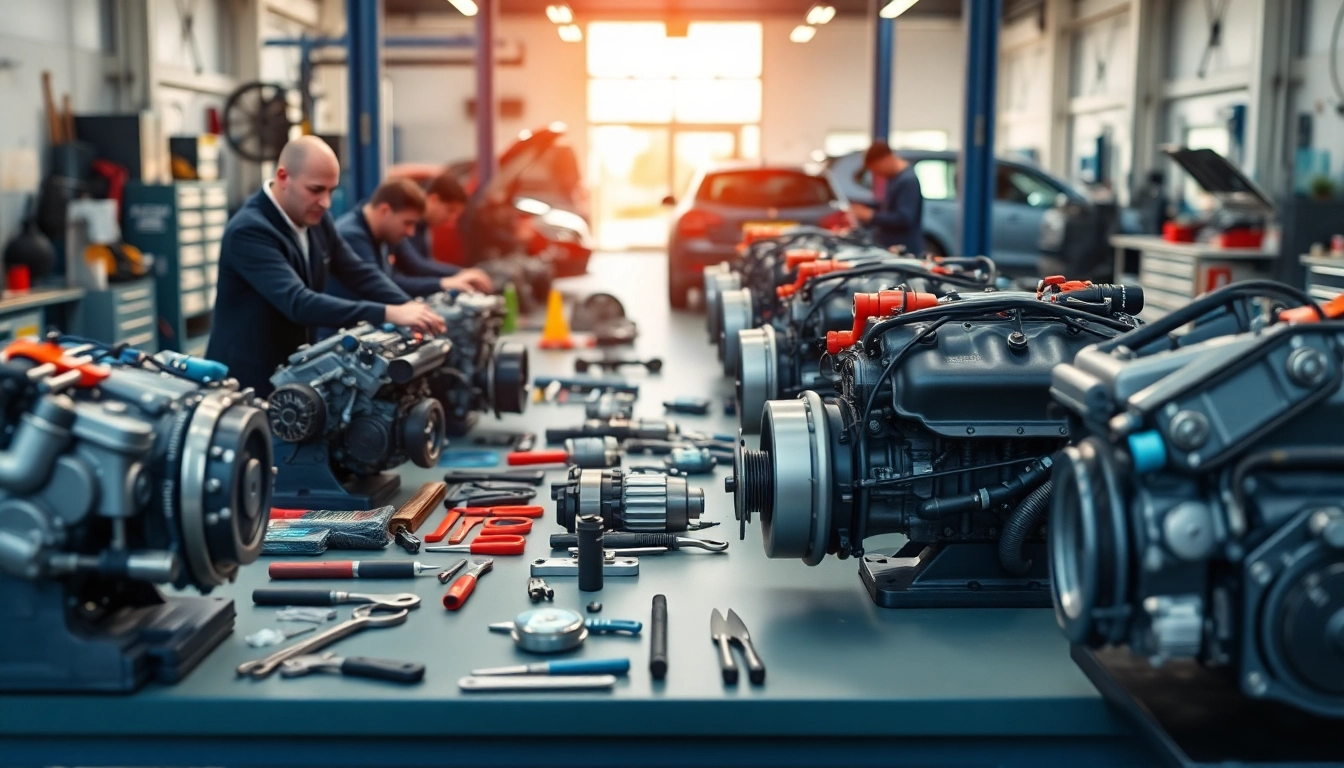 Showcase of Approved Engines in a professional automotive workshop with technicians at work.