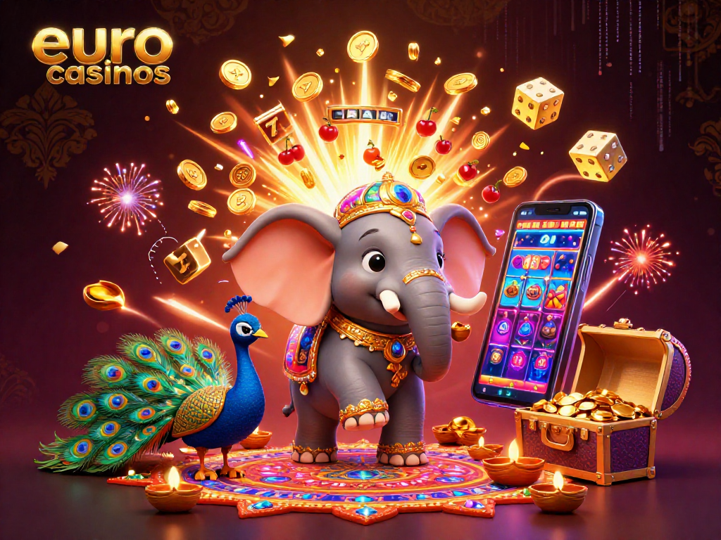 Engage with euro casinos featuring vibrant games, a colorful elephant, and exciting casino elements.