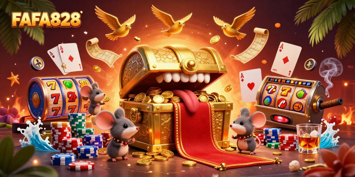 Experience the riches of FAFA828's casino games with vibrant slot symbols and treasure