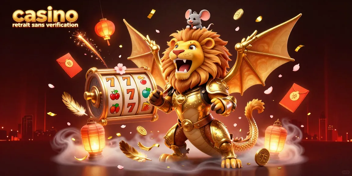 Découvrez le monde fascinant du casino retrait sans vérification, une illustration dynamique avec un chimère en armure dorée et des éléments de jeu.
