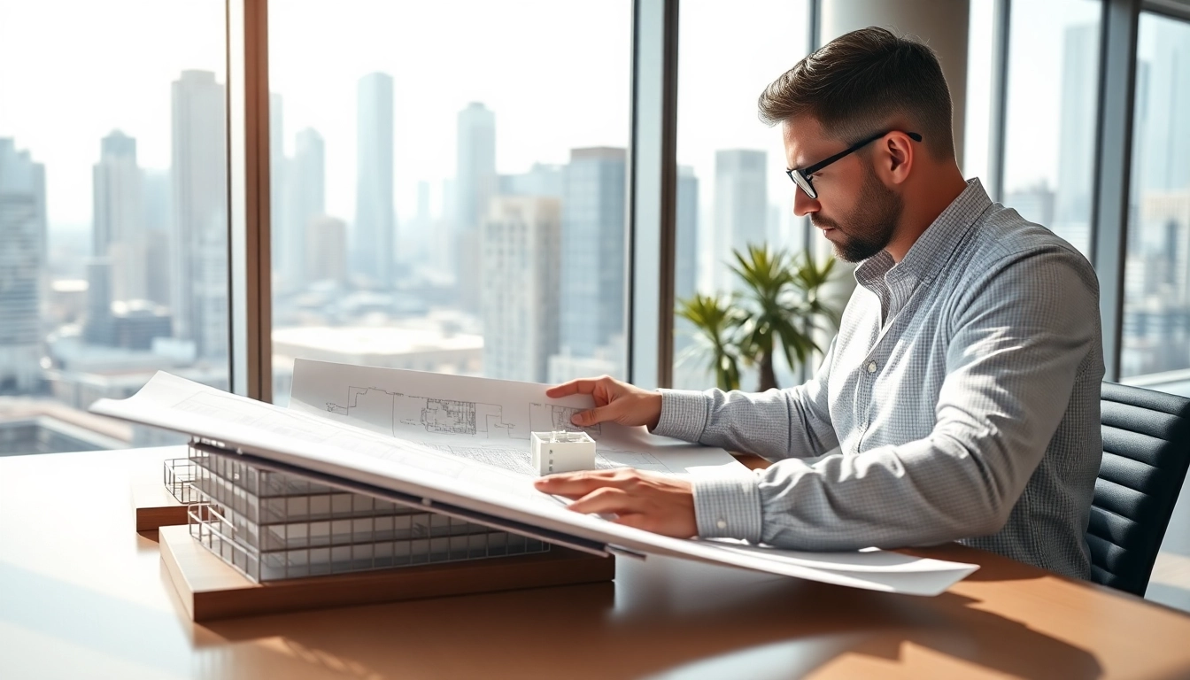 Building developer analyzing architectural plans in a modern office environment.